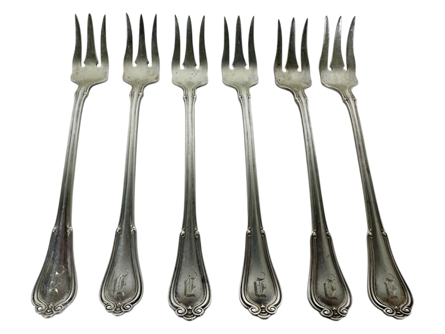 Six Antique English Sterling Silver Seafood Forks 94g - Sterling Silver Melt Value = $92