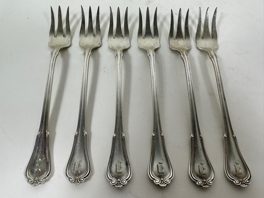 Six Antique English Sterling Silver Seafood Forks 94g - Sterling Silver Melt Value = $92 [Photo 2]