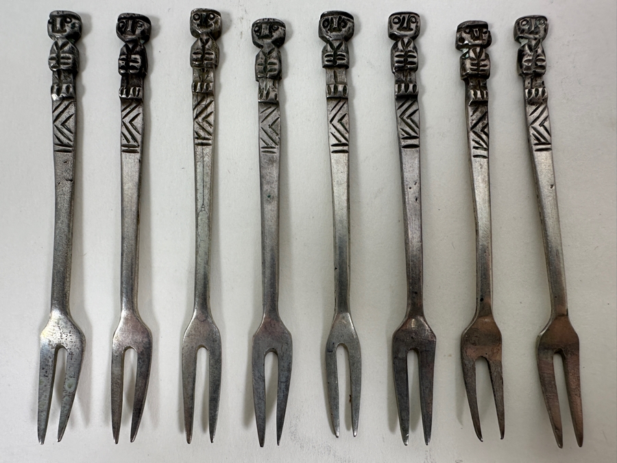 Eight .900 Silver Vintage Cocktail Forks 3.25L 43g - Sterling Silver Melt Value = $95 [Photo 2]