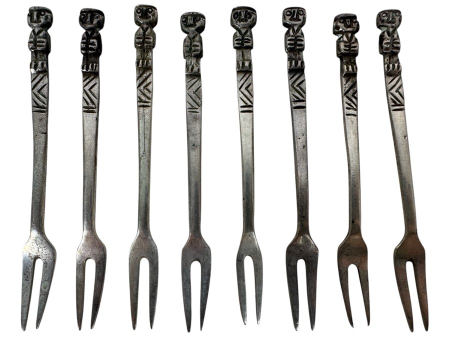 Eight .900 Silver Vintage Cocktail Forks 3.25L 43g - Sterling Silver Melt Value = $95 [Photo 1]