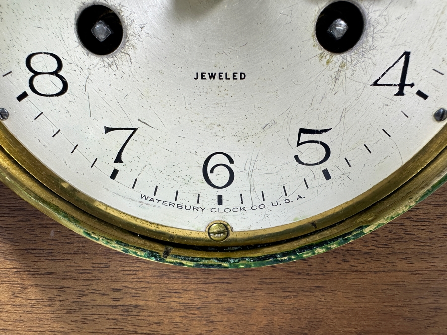 Vintage Waterbury Clock Co. Wood And Brass Ship's Wheel Mantle Clock Working With Deep Chimes 18W X 4D X 9.5H [Photo 6]