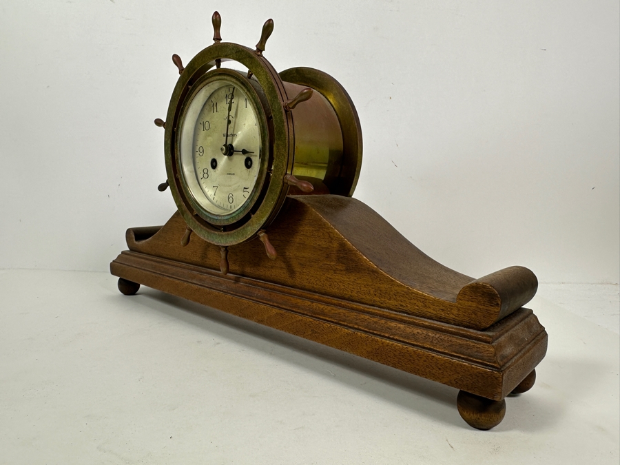 Vintage Waterbury Clock Co. Wood And Brass Ship's Wheel Mantle Clock Working With Deep Chimes 18W X 4D X 9.5H [Photo 10]