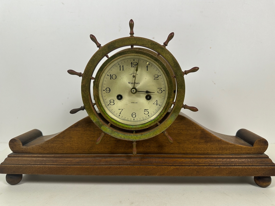 Vintage Waterbury Clock Co. Wood And Brass Ship's Wheel Mantle Clock Working With Deep Chimes 18W X 4D X 9.5H [Photo 3]