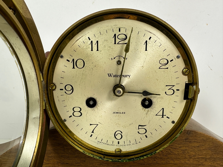 Vintage Waterbury Clock Co. Wood And Brass Ship's Wheel Mantle Clock Working With Deep Chimes 18W X 4D X 9.5H [Photo 5]