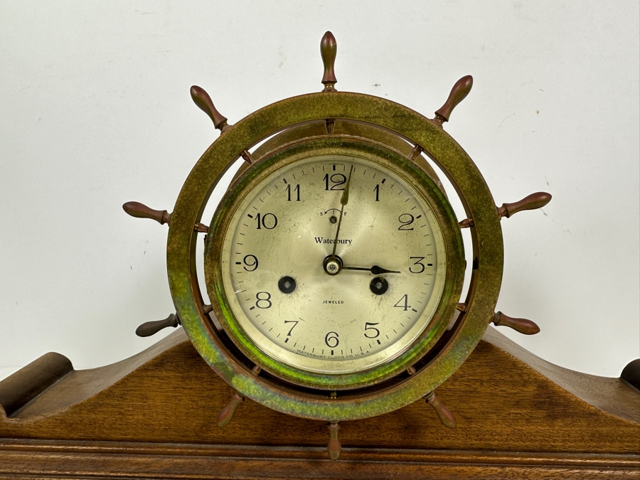 Vintage Waterbury Clock Co. Wood And Brass Ship's Wheel Mantle Clock Working With Deep Chimes 18W X 4D X 9.5H [Photo 4]