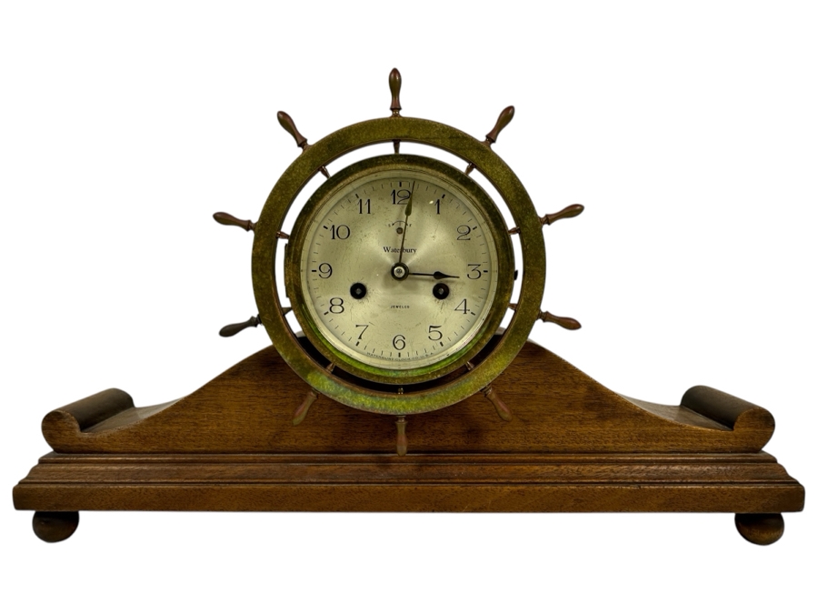 Vintage Waterbury Clock Co. Wood And Brass Ship's Wheel Mantle Clock Working With Deep Chimes 18W X 4D X 9.5H