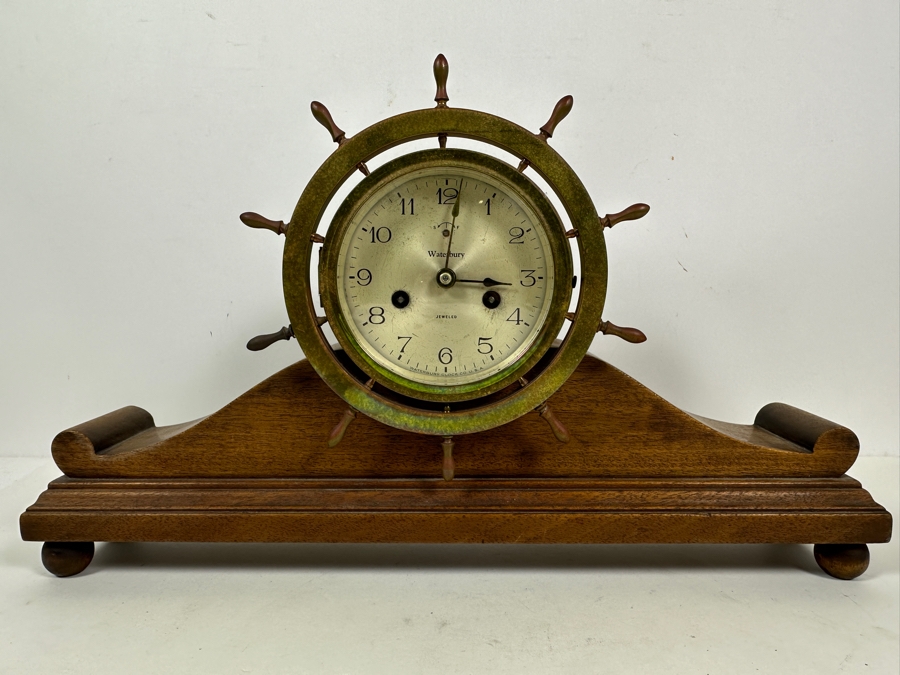 Vintage Waterbury Clock Co. Wood And Brass Ship's Wheel Mantle Clock Working With Deep Chimes 18W X 4D X 9.5H [Photo 2]