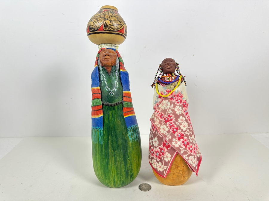 Pair Of Signed Judy Dennis 1997 Art Gourd Figurines 10.25H And 13.5H [Photo 2]