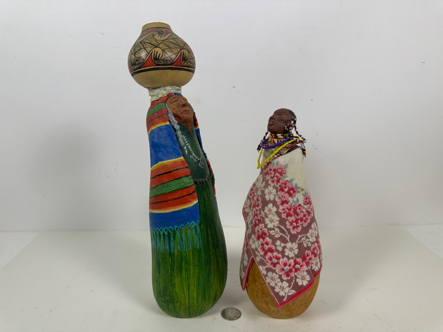 Pair Of Signed Judy Dennis 1997 Art Gourd Figurines 10.25H And 13.5H [Photo 5]