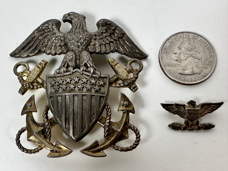 Vintage Sterling Silver US Navy Officer Hat Badge Pin And US Sterling Silver Vanguard N.Y. Pin 32g [Photo 3]