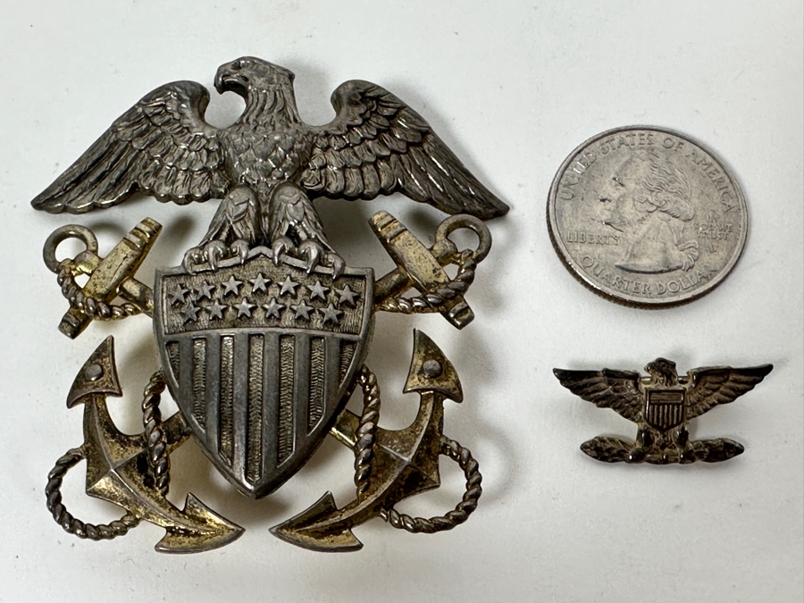 Vintage Sterling Silver US Navy Officer Hat Badge Pin And US Sterling Silver Vanguard N.Y. Pin 32g [Photo 2]