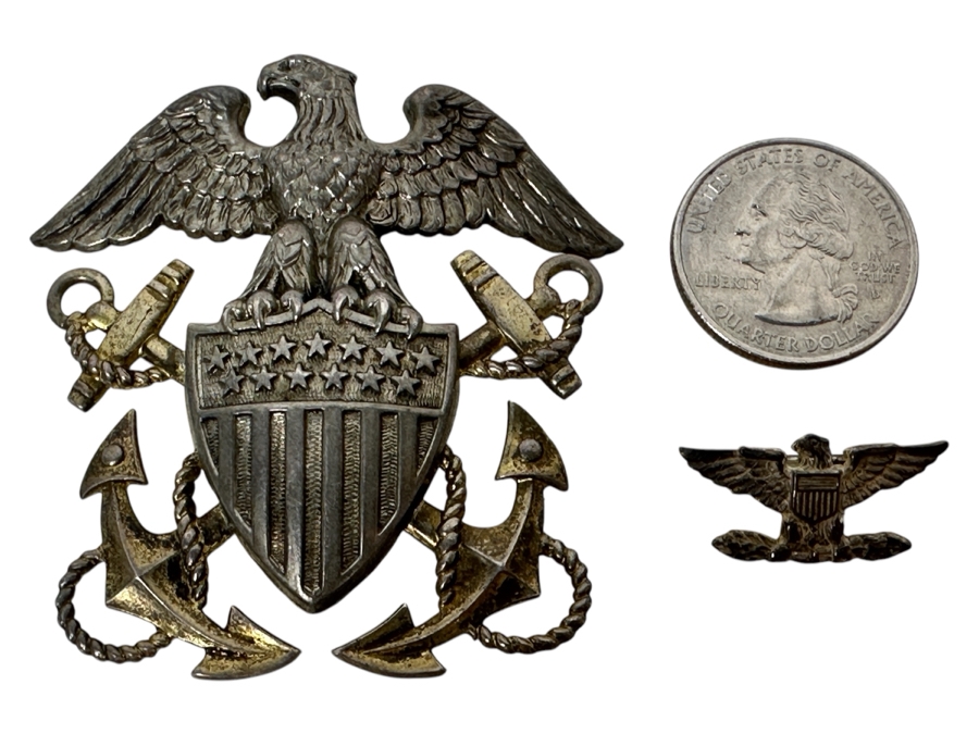 Vintage Sterling Silver US Navy Officer Hat Badge Pin And US Sterling Silver Vanguard N.Y. Pin 32g [Photo 1]