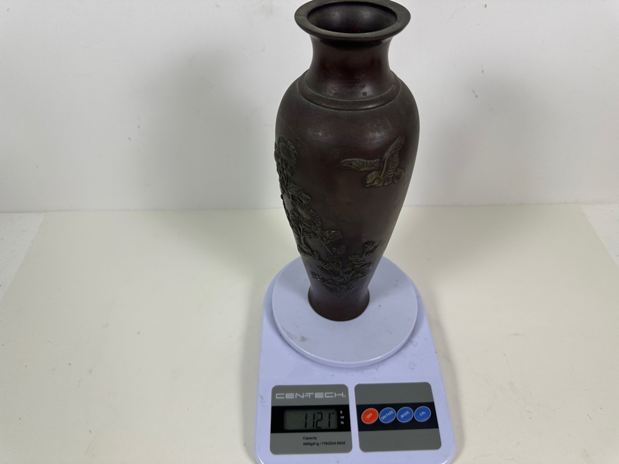 Antique Japanese Meiji Period Bronze Vase With Raised Flowers And Bird 11H 1,121g [Photo 12]