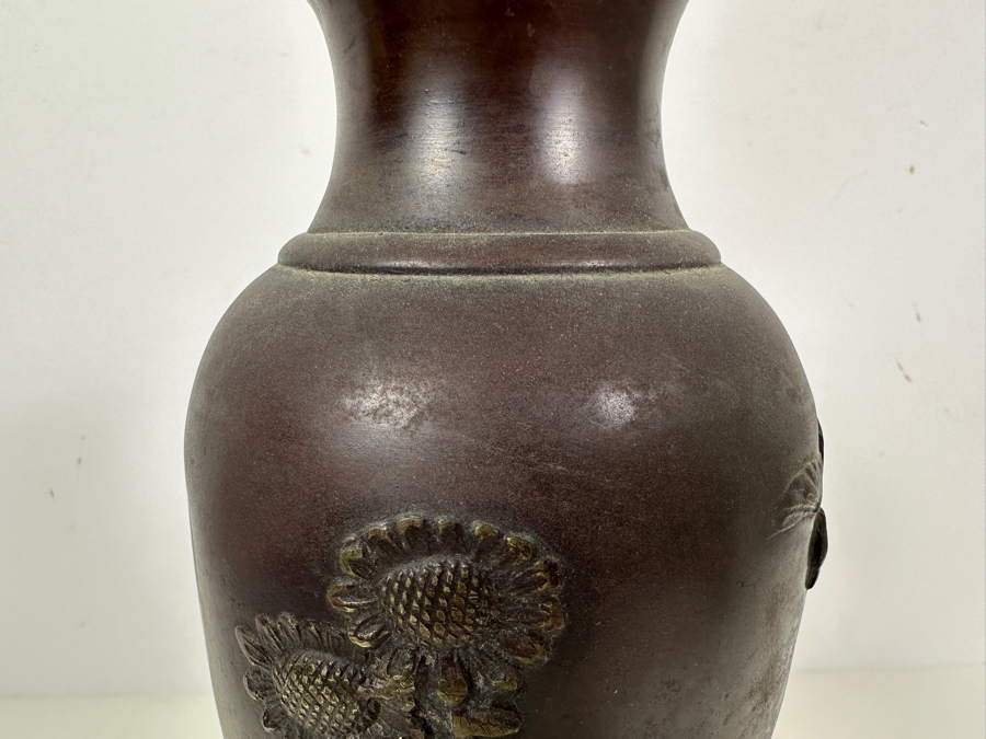 Antique Japanese Meiji Period Bronze Vase With Raised Flowers And Bird 11H 1,121g [Photo 8]