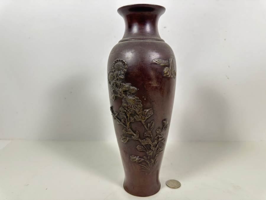 Antique Japanese Meiji Period Bronze Vase With Raised Flowers And Bird 11H 1,121g [Photo 2]