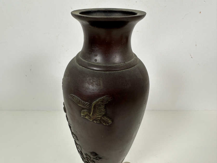 Antique Japanese Meiji Period Bronze Vase With Raised Flowers And Bird 11H 1,121g [Photo 4]