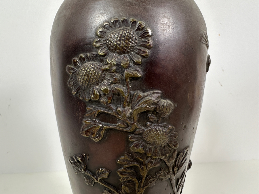 Antique Japanese Meiji Period Bronze Vase With Raised Flowers And Bird 11H 1,121g [Photo 7]