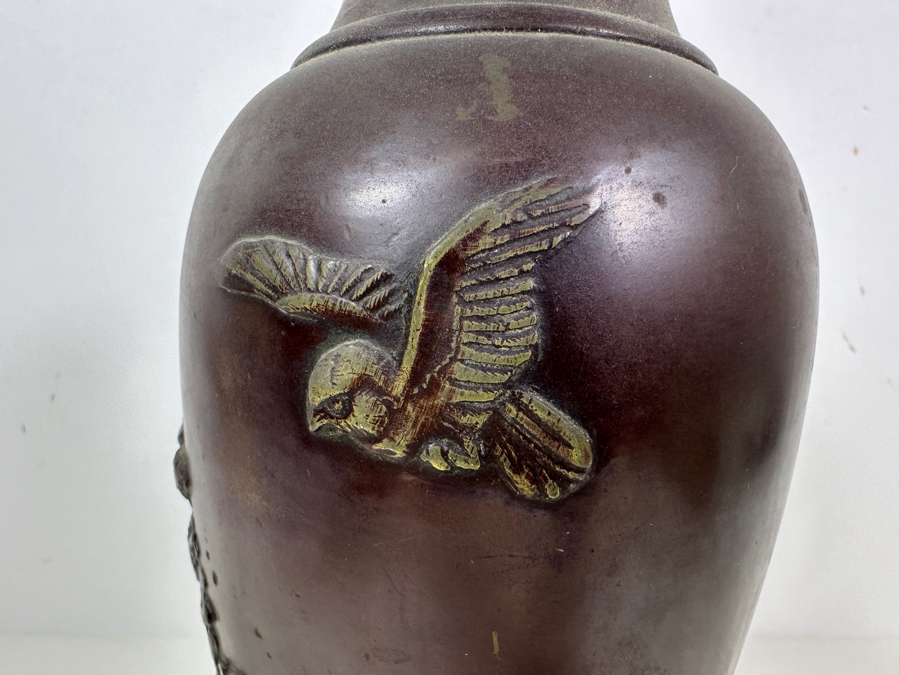 Antique Japanese Meiji Period Bronze Vase With Raised Flowers And Bird 11H 1,121g [Photo 3]