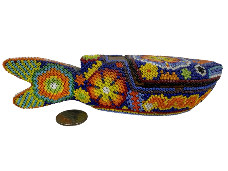 Vintage Huichol Mexican Beaded Art Wooden Fish Box 7W