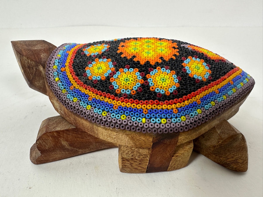 Vintage Huichol Mexican Beaded Art Wooden Turtle Box 6W Retails $150 [Photo 6]