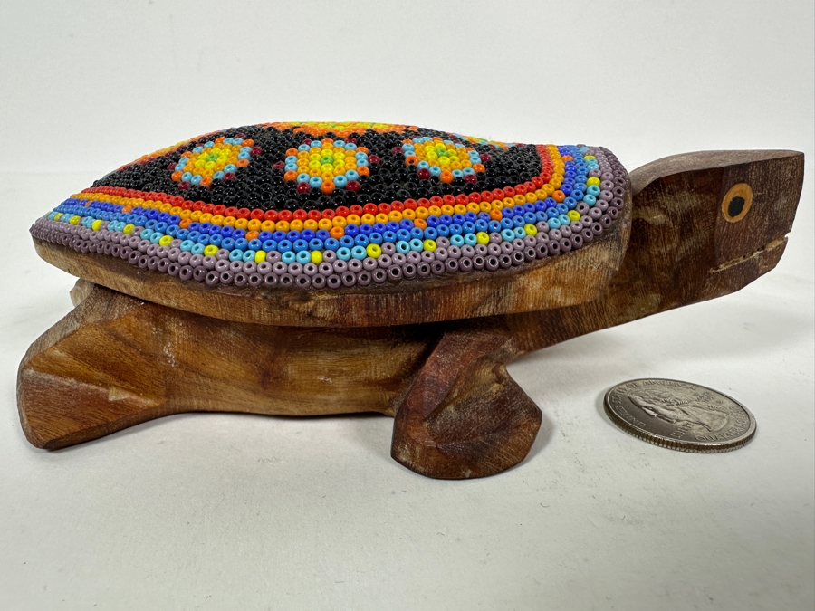 Vintage Huichol Mexican Beaded Art Wooden Turtle Box 6W Retails $150 [Photo 3]