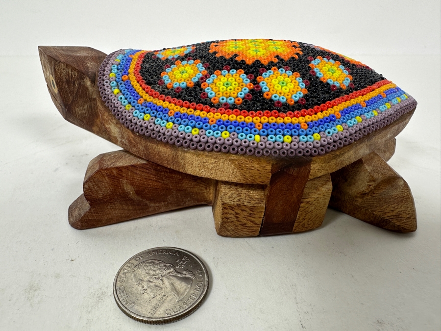 Vintage Huichol Mexican Beaded Art Wooden Turtle Box 6W Retails $150 [Photo 5]