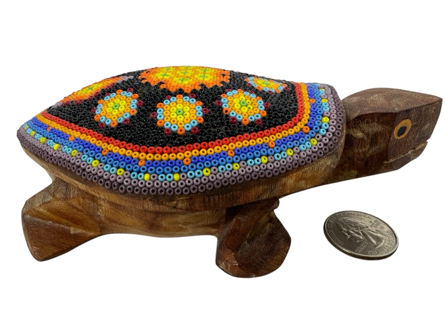 Vintage Huichol Mexican Beaded Art Wooden Turtle Box 6W Retails $150