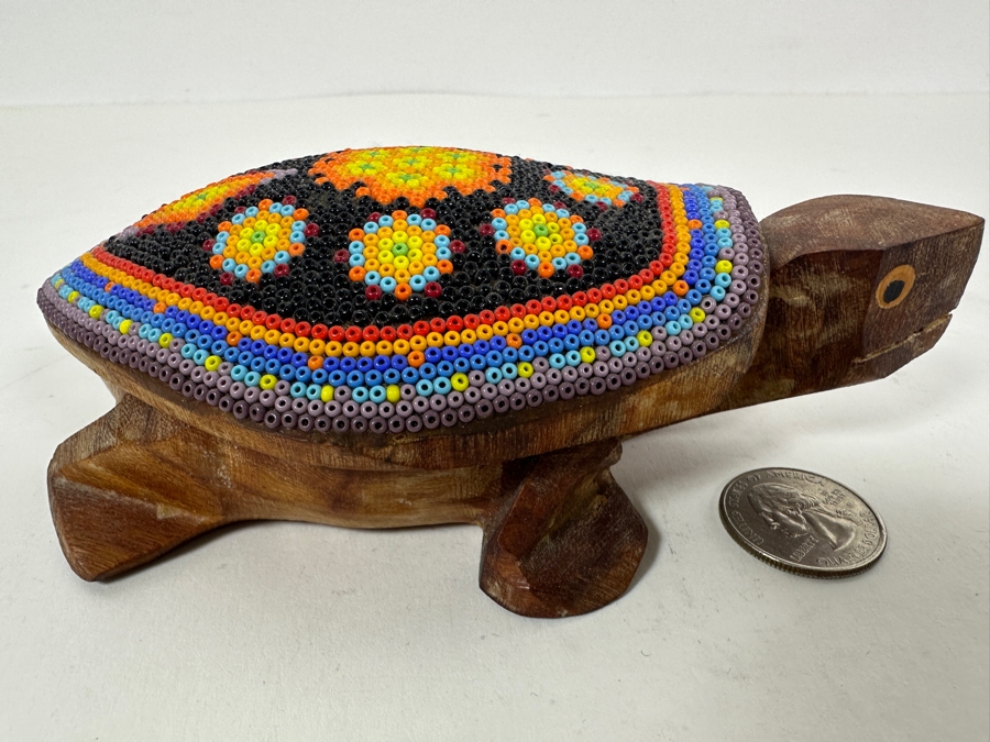 Vintage Huichol Mexican Beaded Art Wooden Turtle Box 6W Retails $150 [Photo 2]