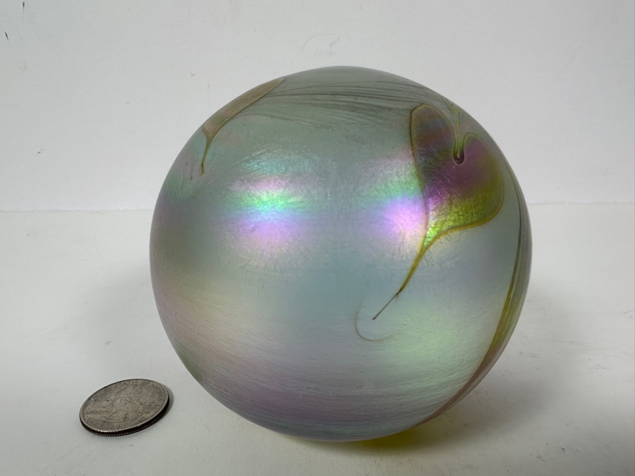 Vintage Irridescent Art Glass Paperweight By Glasshouse Studio Art With Hearts 3.5W [Photo 2]