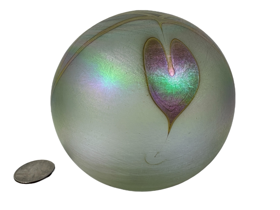 Vintage Irridescent Art Glass Paperweight By Glasshouse Studio Art With Hearts 3.5W [Photo 1]