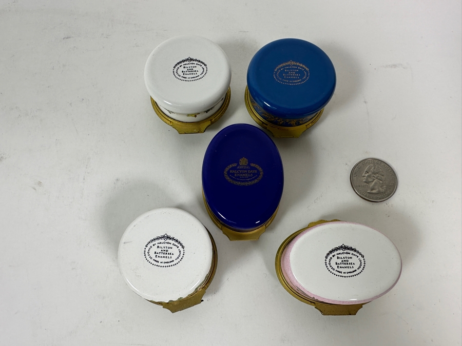 Collection Of Five Halcyon Days London England Bilston And Battersea Enamels Enamel Metal Boxes Made In England [Photo 8]