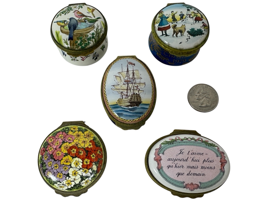 Collection Of Five Halcyon Days London England Bilston And Battersea Enamels Enamel Metal Boxes Made In England [Photo 1]
