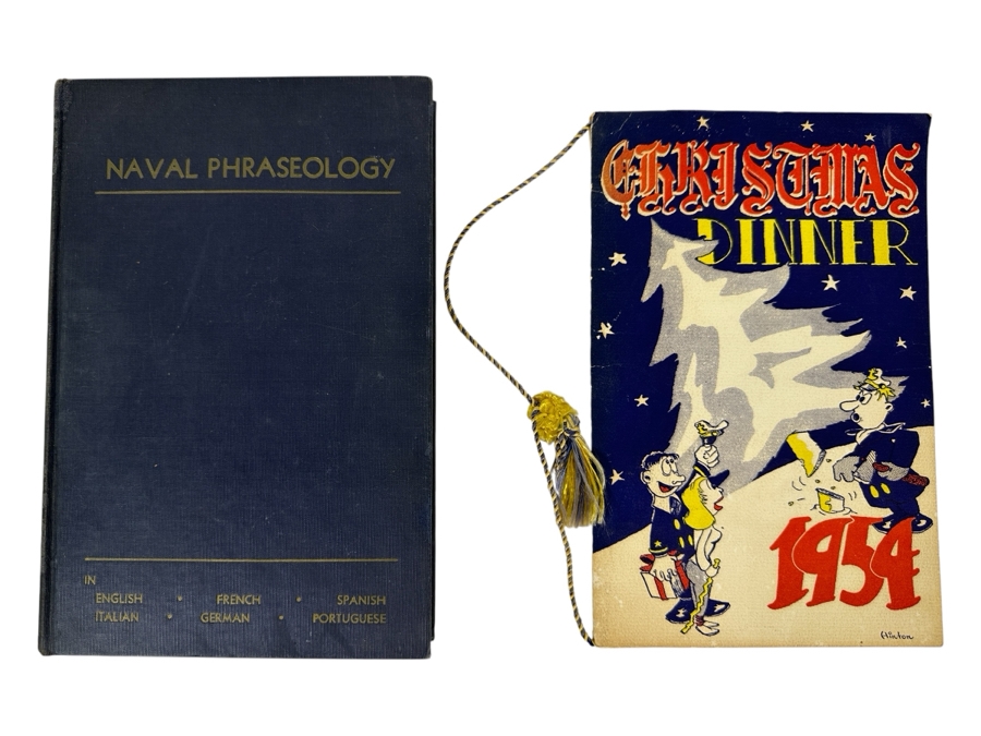 Vintage 1953 Hardcover Book Naval Phraseology From The Department Of Foreign Language U.S. Naval Academy And Vintage 1954 U.S. Naval Academy Christmas Dinner Menu [Photo 1]
