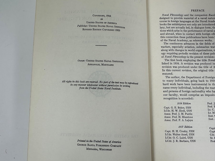 Vintage 1953 Hardcover Book Naval Phraseology From The Department Of Foreign Language U.S. Naval Academy And Vintage 1954 U.S. Naval Academy Christmas Dinner Menu [Photo 6]