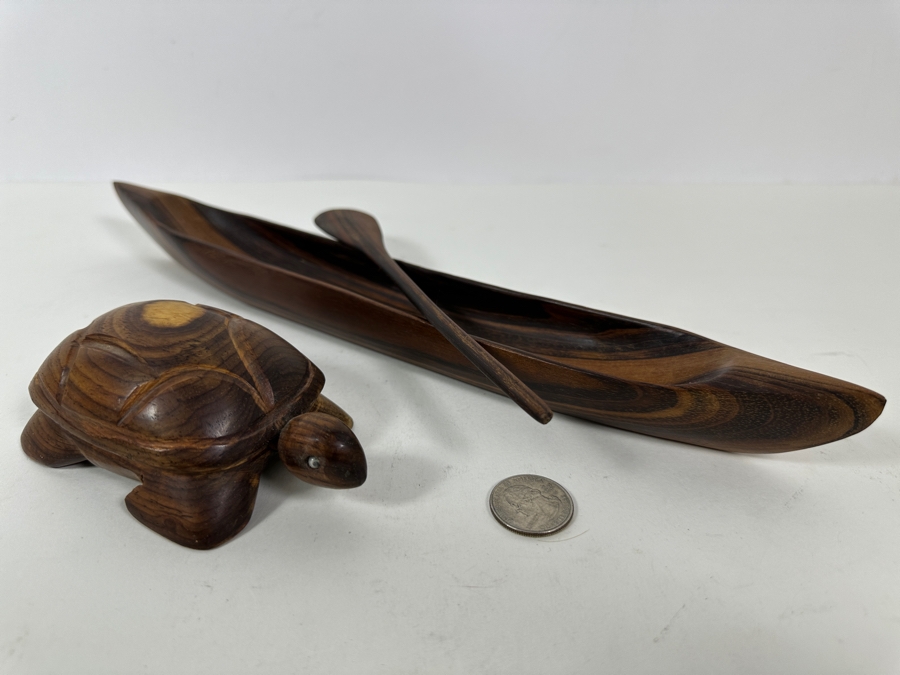 Carved Wooden Sea Turtle And Canoe With Paddle 13.5L [Photo 3]