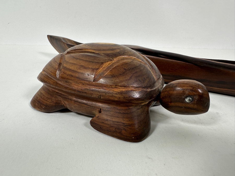 Carved Wooden Sea Turtle And Canoe With Paddle 13.5L [Photo 4]