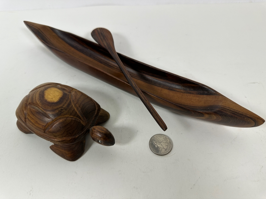 Carved Wooden Sea Turtle And Canoe With Paddle 13.5L [Photo 6]