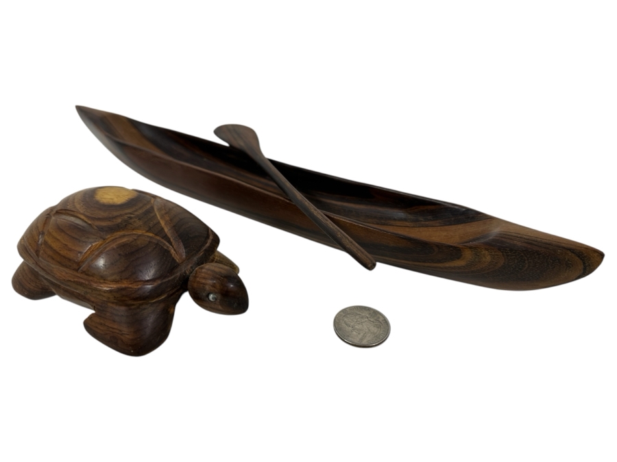 Carved Wooden Sea Turtle And Canoe With Paddle 13.5L [Photo 1]