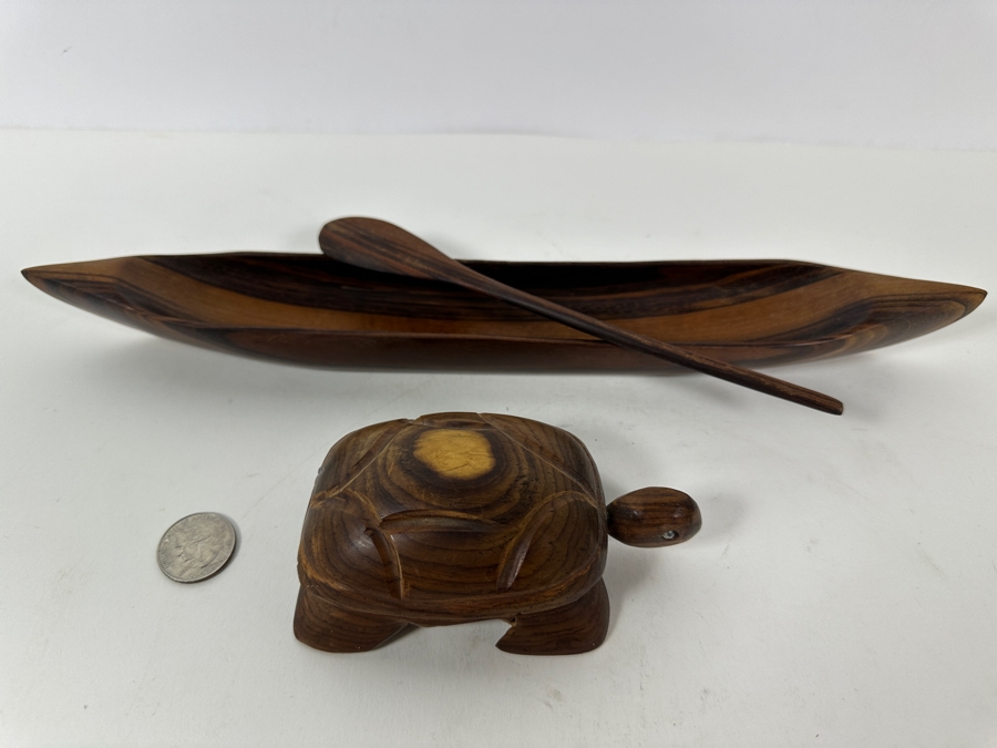 Carved Wooden Sea Turtle And Canoe With Paddle 13.5L [Photo 2]