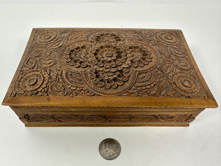 Carved Wooden Indian Box Filled With Vintage Buttons - See Photos 8W X 5D X 2H [Photo 2]