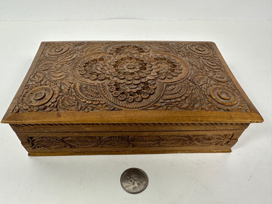 Carved Wooden Indian Box Filled With Vintage Buttons - See Photos 8W X 5D X 2H [Photo 3]