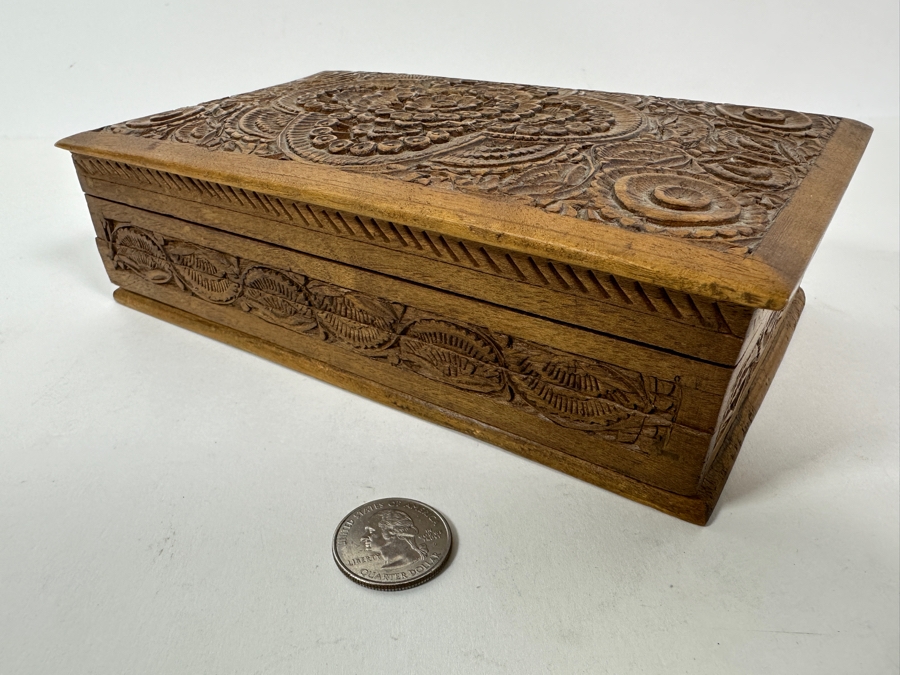 Carved Wooden Indian Box Filled With Vintage Buttons - See Photos 8W X 5D X 2H [Photo 6]