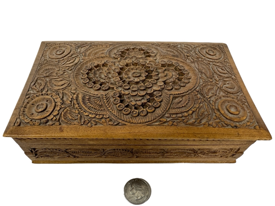 Carved Wooden Indian Box Filled With Vintage Buttons - See Photos 8W X 5D X 2H [Photo 1]