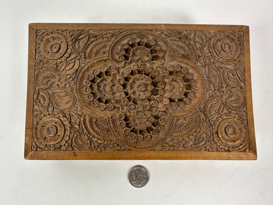 Carved Wooden Indian Box Filled With Vintage Buttons - See Photos 8W X 5D X 2H [Photo 4]