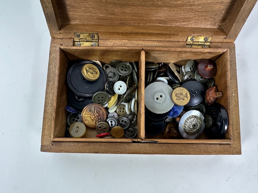 Carved Wooden Indian Box Filled With Vintage Buttons - See Photos 8W X 5D X 2H [Photo 7]