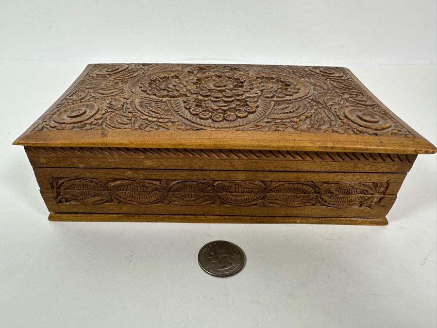 Carved Wooden Indian Box Filled With Vintage Buttons - See Photos 8W X 5D X 2H [Photo 5]