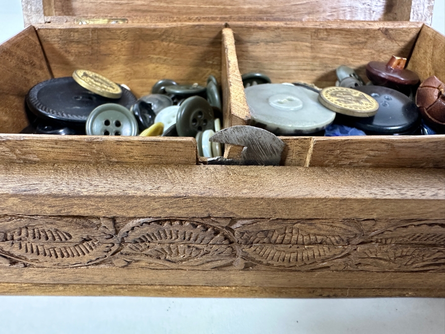 Carved Wooden Indian Box Filled With Vintage Buttons - See Photos 8W X 5D X 2H [Photo 10]