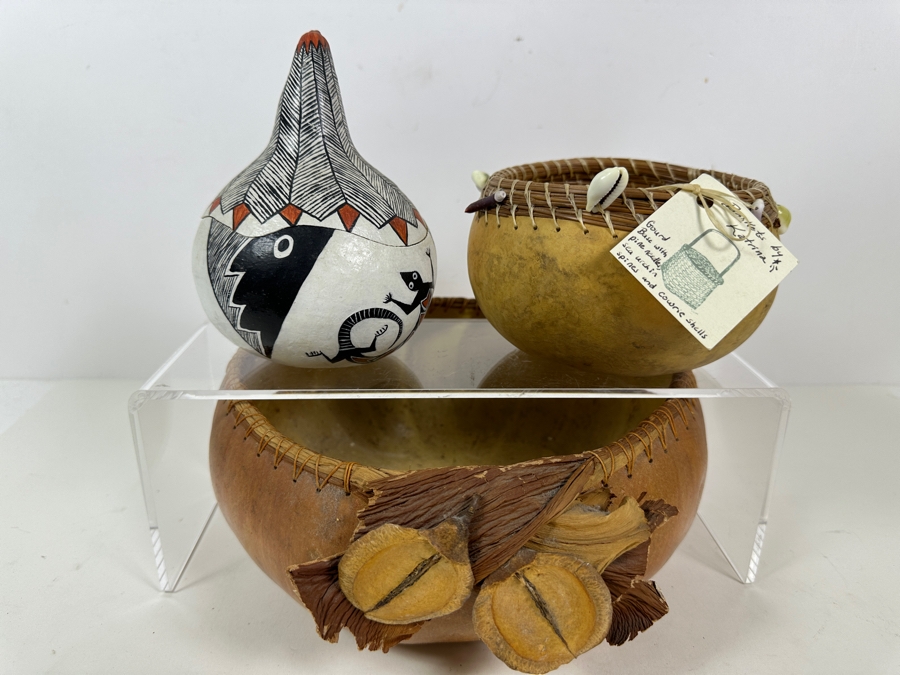 Set Of Three Art Gourds - Largest Gourd Basket Is 10W And Signed Judy Dennis 1997 [Photo 2]