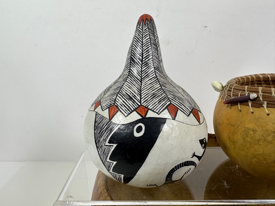 Set Of Three Art Gourds - Largest Gourd Basket Is 10W And Signed Judy Dennis 1997 [Photo 6]
