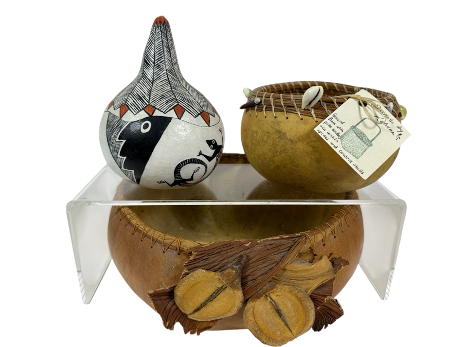 Set Of Three Art Gourds - Largest Gourd Basket Is 10W And Signed Judy Dennis 1997 [Photo 1]